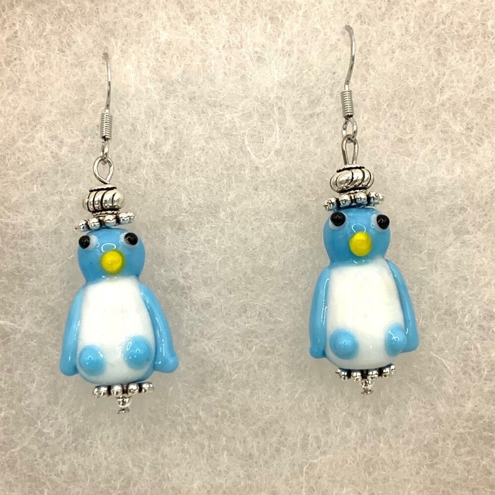 Sky Blue Penguin Animal Lampwork Bead Handmade Pierced Earrings LR150